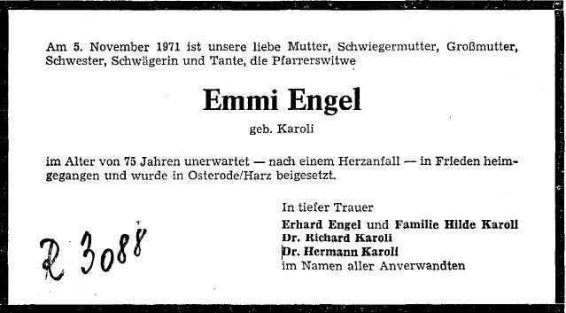 Karoli Emma 1896-1971 Todesanzeige